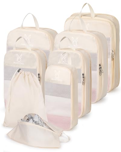 6/8 Set Space Saving Compression Packing Cubes Lightweight Packing Cube - color: Beige, size: 6 Pcs(XL,L,M*2,S,laundry bag)