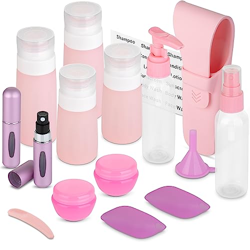 Travel Size Toiletry Bottles, Kit of 16 - TSA Approved Toiletries Essentials for Flying - Must Haves for Women - Silicone Containers, Squeeze Bottles and Accessories for Shampoo, Conditioner, Liquids - color: Pink