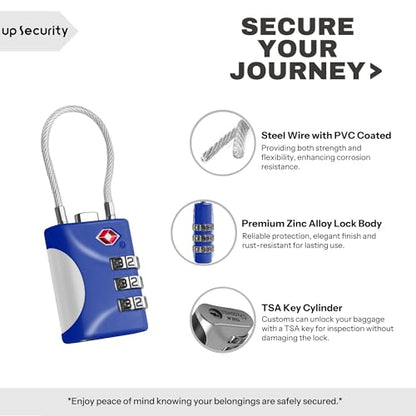 TSA Approved Locks for Luggage, Small Combo Lock with Code, Travel Padlock with Cable, TSA 007 Lock for Suitcase, Locker, Gym, Cabinet, Gun Case, Backpack, Zipper Locks for Travel (Blue) - color: Blue