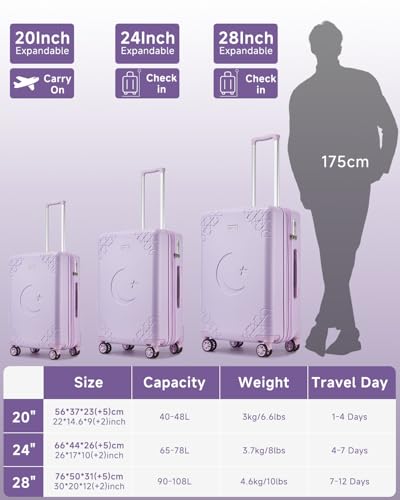 Somago Expandable 2-Piece Luggage Sets 20"/24" Suitcases with Shock-Absorbing Braking Spinner Wheels Moon Star Design Hard Shell Suitcase with Cupholder TSA Lock (Light Purple,Expandable 20/24 Inch) - color: Light Purple, size: Expandable 2-Piece Set(20/2