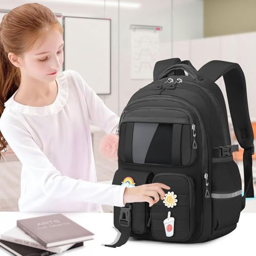 Kids Backpacks for Girls - Cute Girls Backpack for Kids Children Teens Elementary Middle School - 17″ Students Bookbag Travel Back Pack for Age 6-18 - color: Tm-black-backpack Only