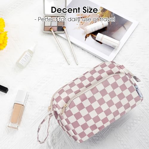 Narwey Travel Makeup Bag Toiletry Bag, Wide Open Cosmetic Bag for Women - color: C-Dusty Rose Checkerboard, size: Small