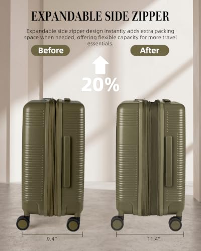 Timeet Checked Luggage, 28 Inch Large Size Hardside Suitcase with Spinner Wheels, Expandable Polycarbonate Rolling Luggage, TSA Lock, Built-in USB Charging, Wet Dry Separation Pocket, Olive Green - color: Olive Green, size: 28 inch