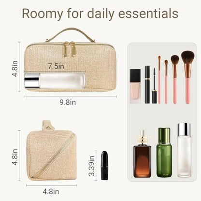 Makeup Organizer Bag, Travel Cosmetic Bag with Compartments, Gold - color: Gold