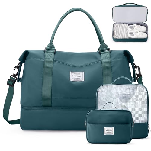 Weekender Bags for Women,Travel Duffle Overnight Bag with Shoe Compartment - color: A-Peacock Blue-3Pcs-0022, size: Large