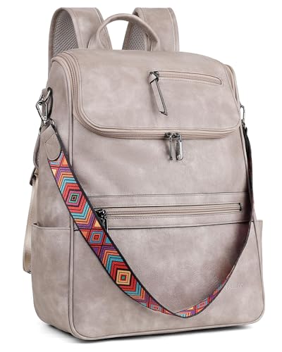 FADEON Laptop Backpack for Women, Vegan Leather 15.6 inch Computer bag - color: Grey Retro Style
