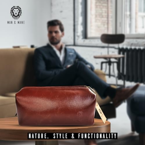 MAN & MANE Premium Leather Toiletry Bag, Cognac Brown