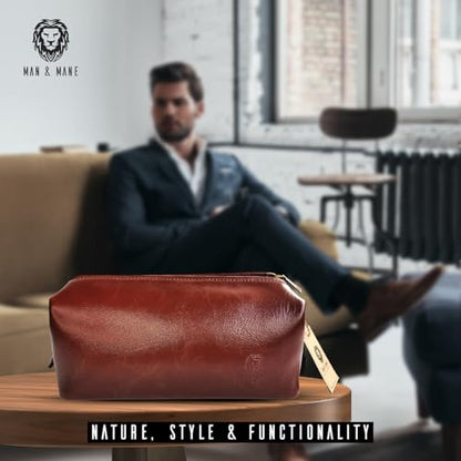 MAN & MANE Premium Leather Toiletry Bag, Cognac Brown