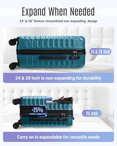 LIGHT FLIGHT Luggage Sets 3 Pcs Suitcase with Wheels,20"/24"/28", Teal Blue - color: Teal Blue, size: X Large
