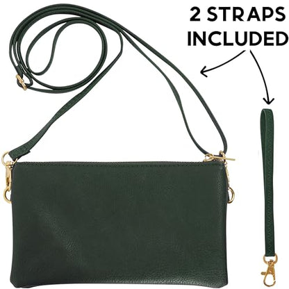 Vegan Leather Crossbody Wristlet Purse for Women - Small Convertible Clutch - color: Hunter Green