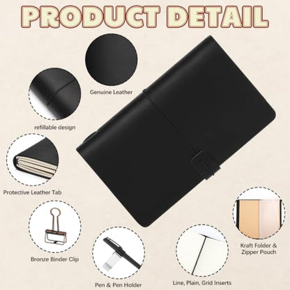 Traveling Refillable Leather Journal Notebook, Black, Personal Size - color: Black, size: Personal Size