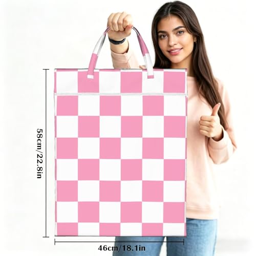 "pink and white checkerboard plaid 2-Pack Travel Laundry Bags for Dirty Clothes- Large Waterproof Laundry Tote, Wet & Dry Use, Reusable Foldable Carry Handles for Vacation, Gym & Dorm" - color: Pink And White Checkerboard Plaid