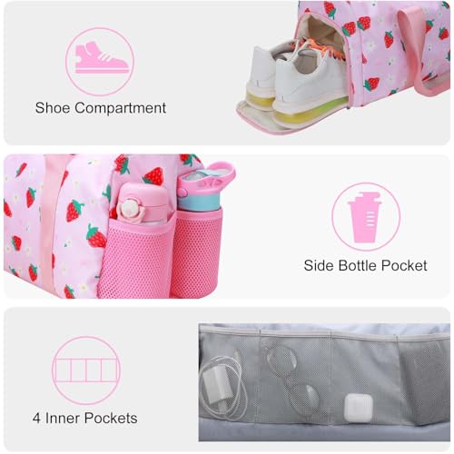 Gym Travel Duffle Bag for Girls - Gymnastics Sports Dance Bag with Shoe Compartment & Wet Pocket Panda Kids Travel Bag Teens Weekender Sleepover Carry On Bag - color: Pink Strawberry