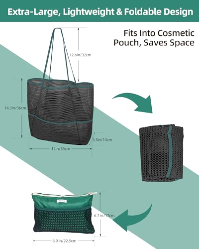 Mesh Beach Tote Bag for Women, 2-in-1 Large Lightweight Foldable Design - color: Black