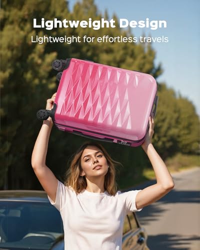 Suitour 28 inch Luggage With Spinner Wheels,Hard Shell Suitcases with Wheels TSA Checked Travel Suitcase - color: Pink, size: 28" Checked