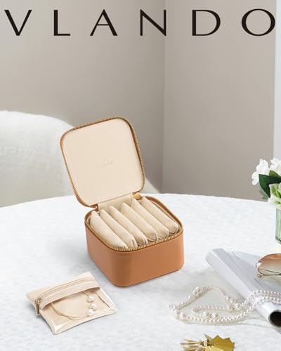 VLANDO Travel Jewelry Organizer with 6 Clear Velvet Zipper Pouches,Brown - color: E.6 PCS Brown