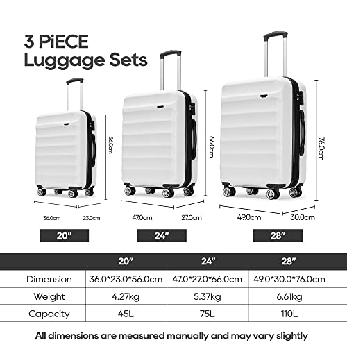 GinzaTravel 3-piece Luggage Sets ABS Hardshell Suitcase Large Suitcases | with TSA Lock,Expandable,Hardshell,Friction-Resistant Includes 20",24"&28" Baggage Case,Four Multi-Directional Wheels - color: White color
