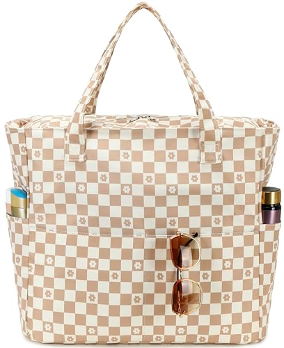 LEDAOU Large Beach Bag for Women, Waterproof Sandproof Tote Bag with Zipper - color: Brown-white