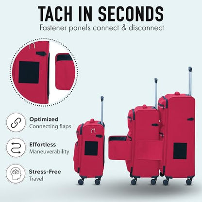 TACH LITE Samba Softside 3 Piece Luggage Set 20/24/28 Inch | Connectable Suitcases with Spinner Wheels | Lightweight Travel Suitcase with Wheels Carry On & Checked Bags | Soft Sided Luggage Set (Red) - color: Red, size: 3-Piece Set