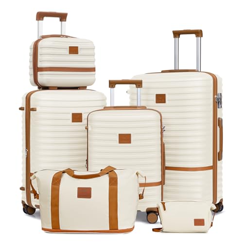 Joyway Luggage Set 3 Piece Suitcase Sets with Spinner Wheel,Hardside Expandable Travel Laggage with TSA Lock (13/20/24/28 White brown - color: White brown, size: 6 piece set (13/20/24/28inch)