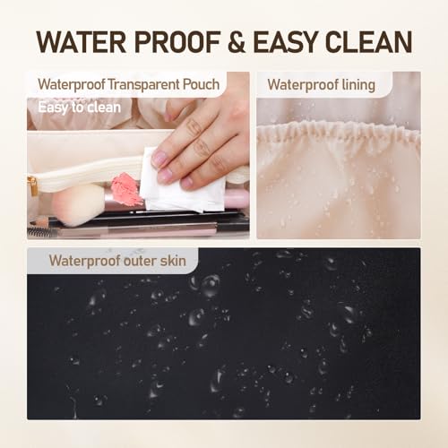 Large Capacity Cosmetic Bag for Women, Waterproof PU Leather Makeup Bag for Travel,Toiletry Bag Make up Organizer with Divider and Handle (Black) - color: Black