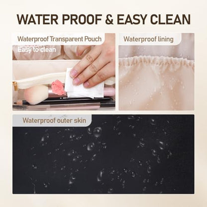 Large Capacity Cosmetic Bag for Women, Waterproof PU Leather Makeup Bag for Travel,Toiletry Bag Make up Organizer with Divider and Handle (Black) - color: Black