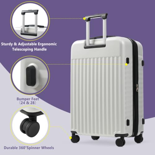 ABS Hardshell Front-Opening 3-Piece Luggage Set – 20″ Carry-On with USB Charging Port & Laptop Compartment, 24″ Expandable Checked Spinner Suitcases + Travel Duffel Bag, TSA Lock (5pcs Grey+White) - color: 5pcs Grey+White
