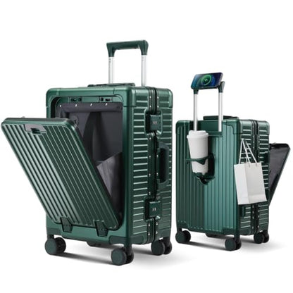 Carry on Luggage Aluminium Frame with Cup Holder,Top opening Suitcases and USB Charging Port,Lightweight with Front Pocket Rolling Suitcases with Spinner Wheels (Green, 20Inch) - color: Green