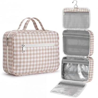Klyyo Hanging Toiletry Bag for Women, Gingham, Brown - color: Brown