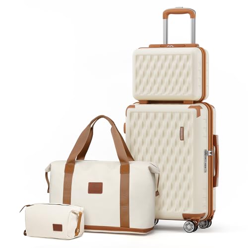 Melalenia Luggage Set 4 Piece Carry On, Hardside Suitcase with TSA Lock and Spinner Wheels, Carry-On Ailline Approved, Beige Brown - color: Beige Brown, size: 13+20 inch/DB/TB