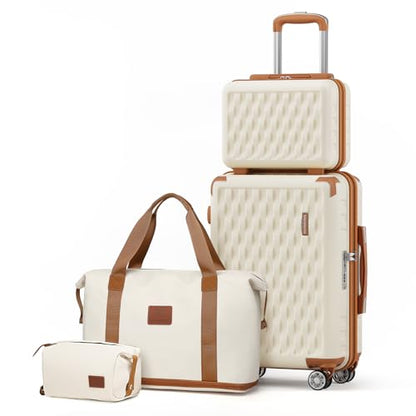 Melalenia Luggage Set 4 Piece Carry On, Hardside Suitcase with TSA Lock and Spinner Wheels, Carry-On Ailline Approved, Beige Brown - color: Beige Brown, size: 13+20 inch/DB/TB