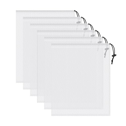 6 Pack Mesh Drawstring Bags with Lock, 14x17 for Gym, Beach, Laundry - color: White