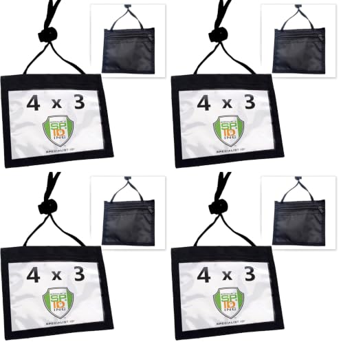 Nylon Neck Wallet Badge Holder with Lanyard - 4 X 3 Credential & Travel Badge Holder with 3 Pockets - Clear Plastic 4X3 Horizontal Window, Zipper Pouch + by Specialist ID (Pack of 4) - color: Black, size: 1 Single (Pack of 4)