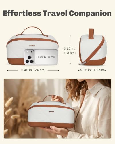 Hynes Eagle Travel Makeup Bag for Women Puffy Cosmetic Organizer Pouch Open Flat Toiletry Bag for Toiletries Brushes Structured Base White - color: White