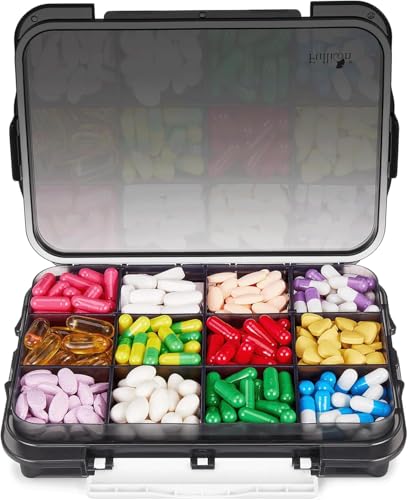 Fullicon Moisture Proof Travel Pill Organizer, 12 Large Compartments, Black