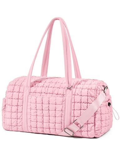 Quilted Travel Duffle Bag Puffer Weekender Bag Overnight Bag Duffel Gym Bag - color: Light Pink