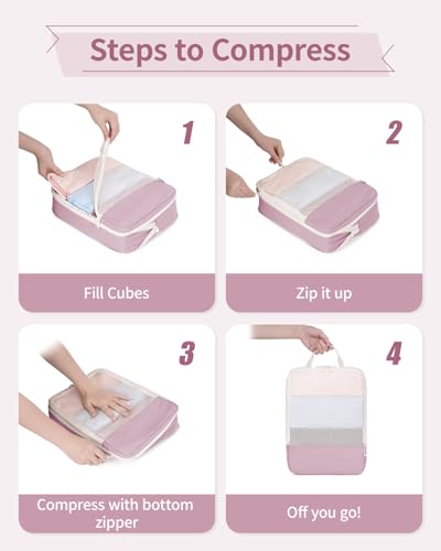 Narwey Compression Packing Cubes for Travel, Cute Luggage Organizer Bags - color: Dusty Rose