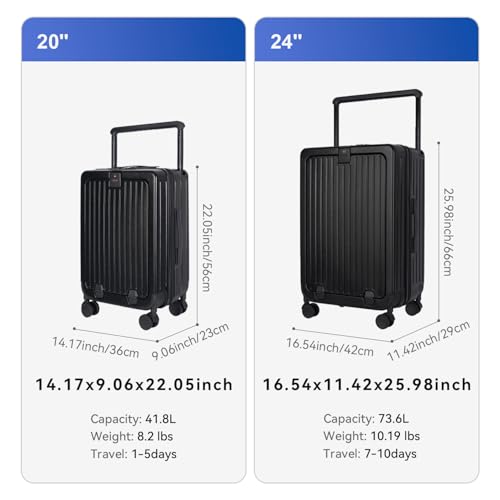 SOKOK Front Pocket Luggage Wide Handle with Spinner Wheels 24 Inch, Black - color: Black