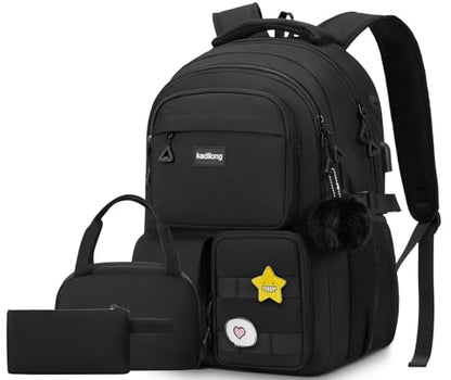 kadilong Teen Girls School Backpack Set,Laptop Backpack for College Student Women Middle High School Bookbag Mochila Escolares para Niñas Mujeres,Black - color: 3 Pack-black, size: 15,6 inch