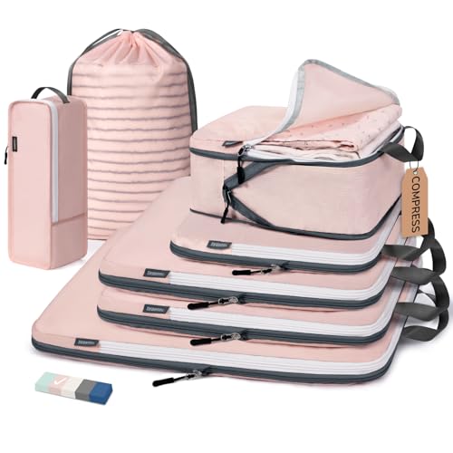 CherryNow 7 Set Compression Travel Packing Cubes, Travel Essentials, Pink - color: Pink