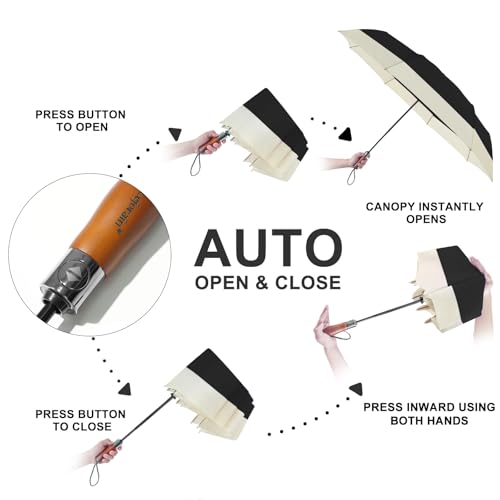 Large Golf Umbrella 54 Inch Compact Folding Auto Close Wood Handle Rain - color: Black
