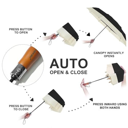 Large Golf Umbrella 54 Inch Compact Folding Auto Close Wood Handle Rain - color: Black