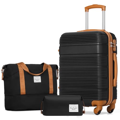 LONG VACATION Luggage Sets with Spinner Wheels, Carry on Suitcase 3 Piece - color: BLACK-BROWN, size: 3 piece set(DB)