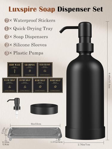 Luxspire 17 oz Glass Liquid Soap Dispenser Set, Black + Dark Gray, 2 Pack - color: Black+gray
