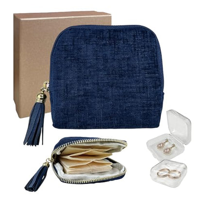 Small Travel Jewelry Case with Earring Box Mini Jewelry Case - color: Navy Blue
