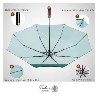 Balios Folding Umbrella Lux Hardwood Handle Auto Open Close - color: Herringbone Jade Green