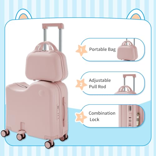 Ride-On Luggage, 6-Wheel Kids Suitcase with Cup Holder, Portable Bag - color: Pink