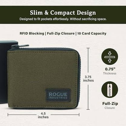 ROGUE WALLET Leather & Nylon Zip Wallet for Men, RFID Blocking, Khaki - color: Khaki