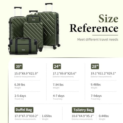 Eeeza Luggage Sets,5 Piece (20"/24"/28"/DB/TB) Green - color: Olive