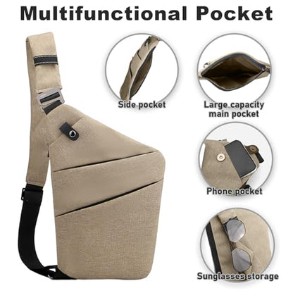 Anti Theft Travel Bag Sling Cross-body Bag Large Capacity - color: Khaki, style: Left Shoulder